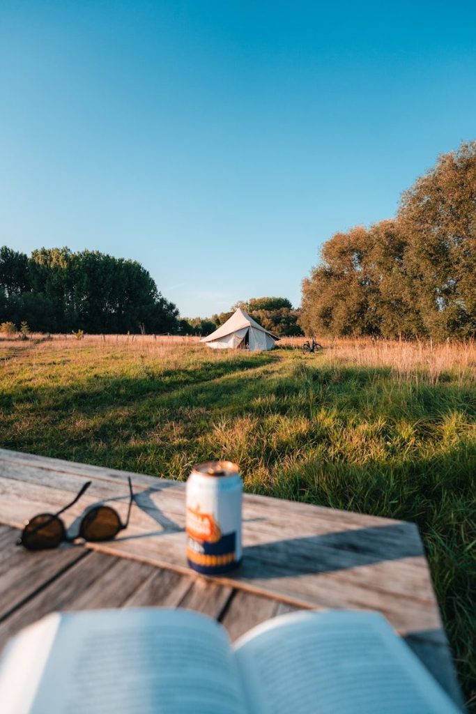 Tent in a field with a book and drink.